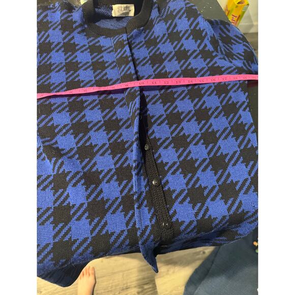 St. john for I.Magnin Vintage Blue Black Checkered Plaid Cardigan Sweater Small - Picture 12 of 12